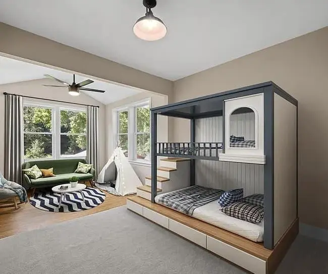 Kids' bedroom with a custom built-in bunk bed and reading nook — a completed CMD whole-home renovation